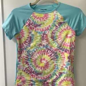 LANDS END GIRLS TIE-DYE SHORT SLEEVE SWIM TOP SZ L